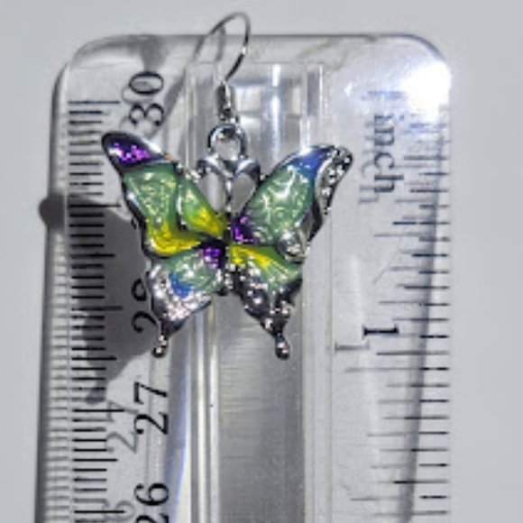 MULTICOLORED BUTTERFLY EARRINGS FOR PIERCED EARS SILVER COLOR WIRES - Picture 3 of 3